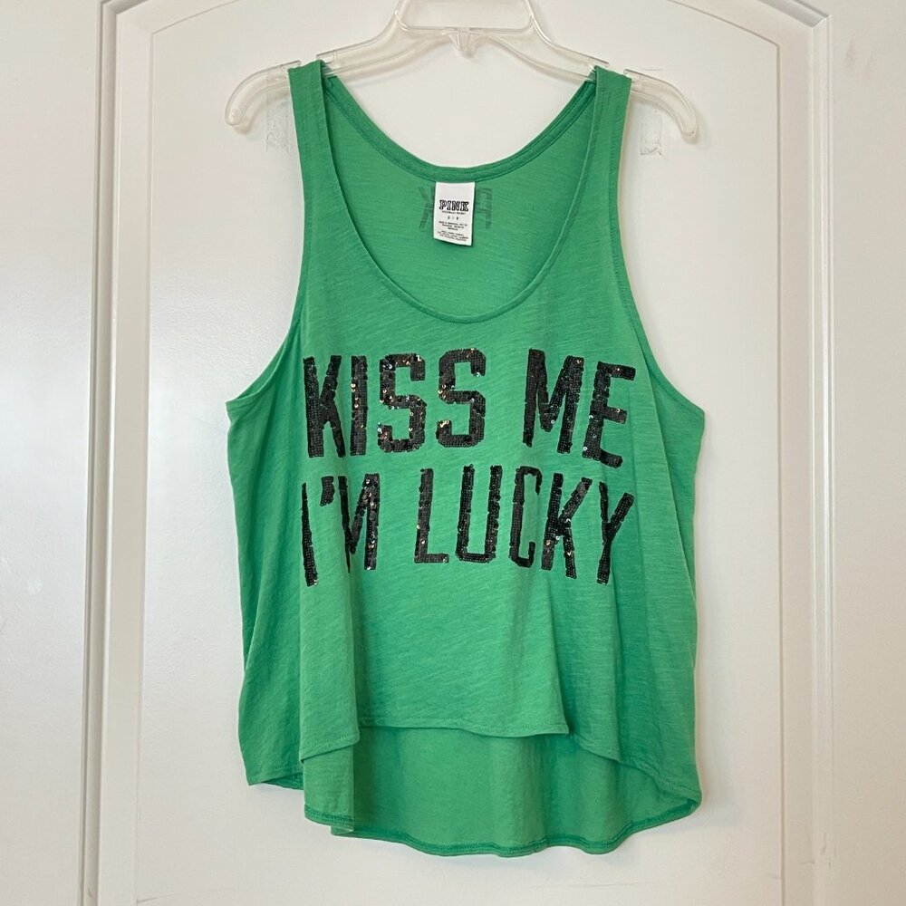 Victoria's Secret Pink Tank Top Kiss Me I'm Lucky Green Black Sequins Small